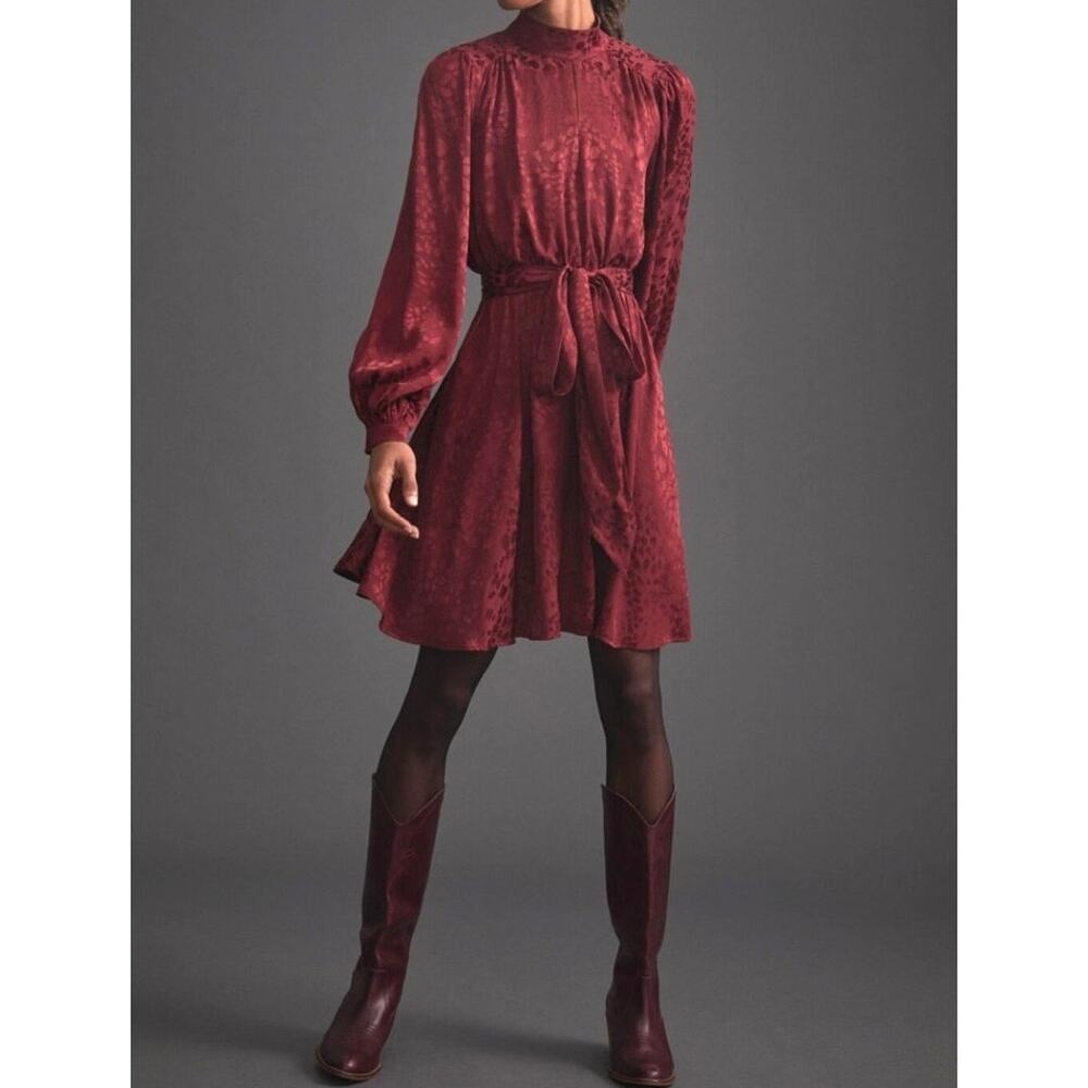 Anthropologie Jacquard Leopard Dress Burgundy Open Back Tie Waist Womens S Party